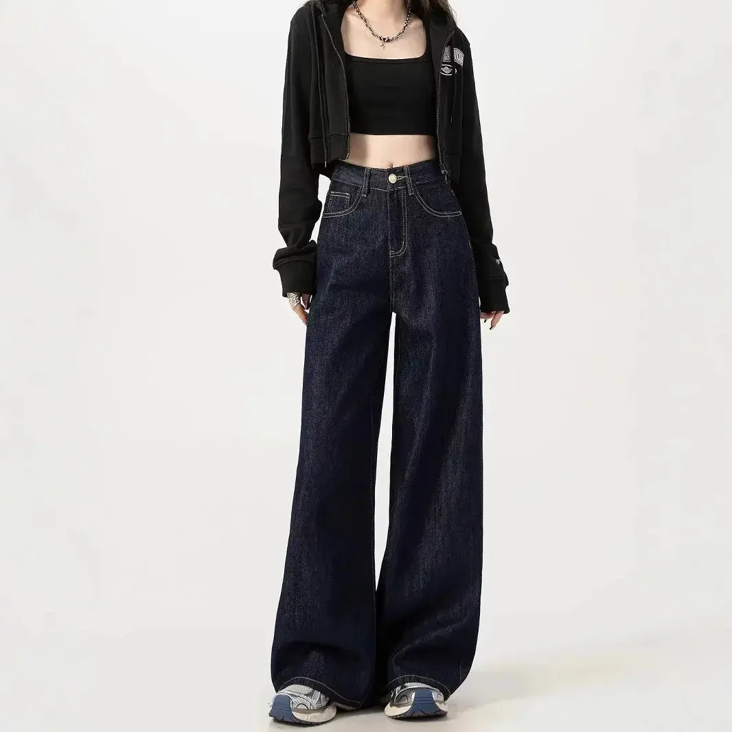 American Style High Waist Deep Blue Denim Pants Women's Fashionable Spring Autumn Wide Leg Jeans Slimming Floor-Length