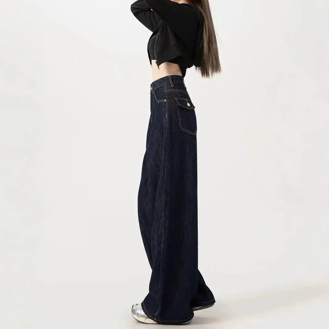 American Style High Waist Deep Blue Denim Pants Women's Fashionable Spring Autumn Wide Leg Jeans Slimming Floor-Length