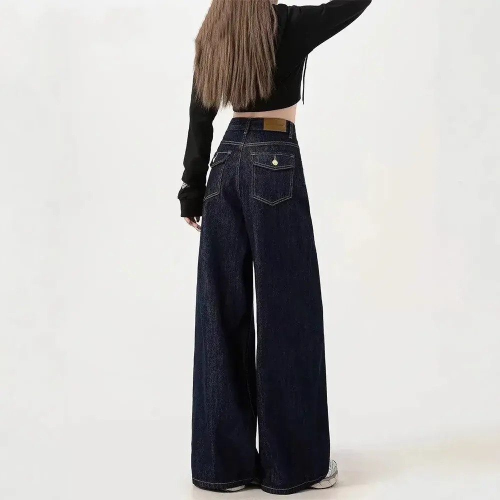 American Style High Waist Deep Blue Denim Pants Women's Fashionable Spring Autumn Wide Leg Jeans Slimming Floor-Length