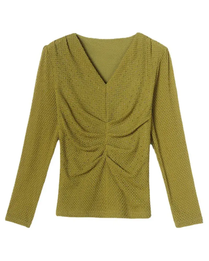 Chic Casual Slim Fit Long Sleeve V-Neck T-Shirt Fashionable Base Shirt Elegant Wrinkles Design Polyester Fiber Top
