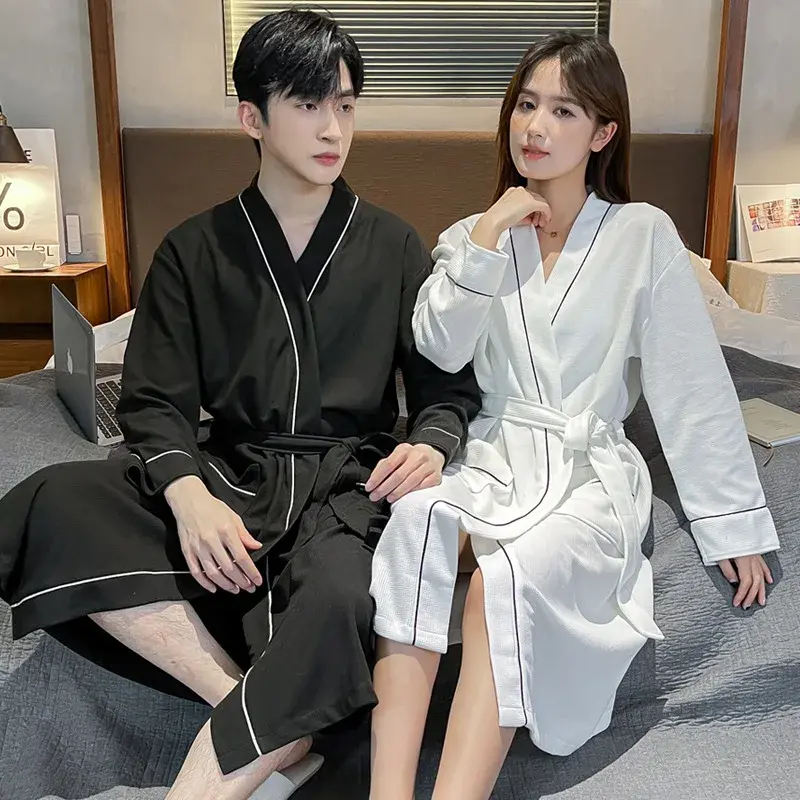 Spring Autumn Long Sleeve Checked Cotton Couple Robe Solid Color Women's Bathrobe 2024 New Style Hotel Style For Winter