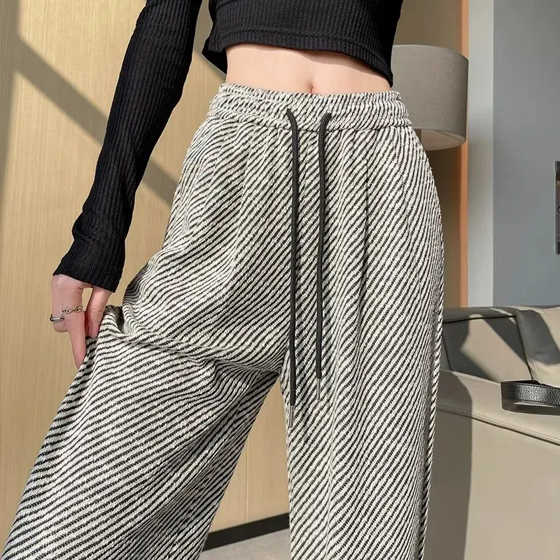 Women's High-waisted Greybell Bottoms Petite Straight-leg Casual Pants Grey Striped Tweed Spring Seasonal Fashion