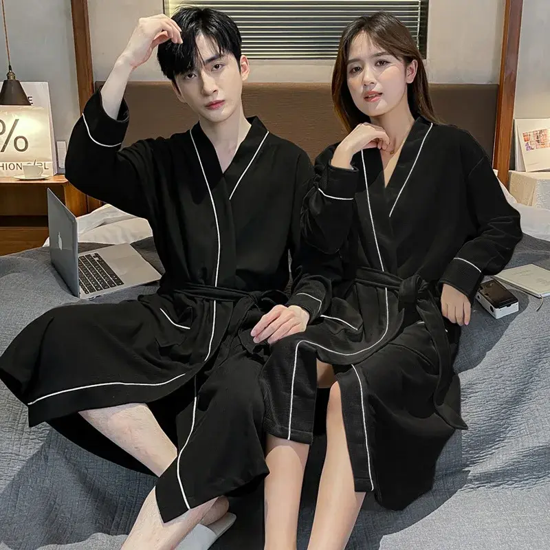 Spring Autumn Long Sleeve Checked Cotton Couple Robe Solid Color Women's Bathrobe 2024 New Style Hotel Style For Winter