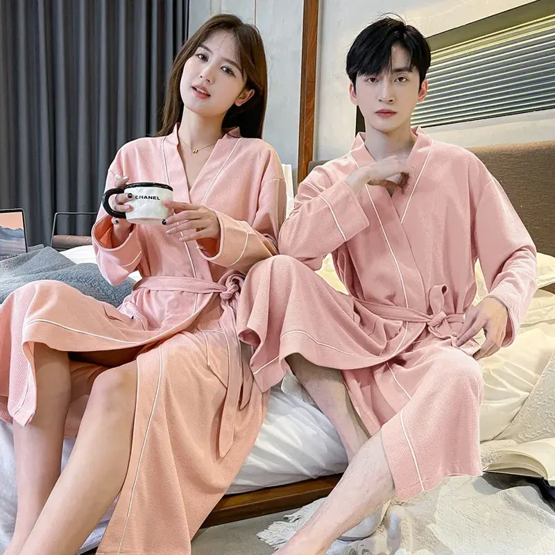 Spring Autumn Long Sleeve Checked Cotton Couple Robe Solid Color Women's Bathrobe 2024 New Style Hotel Style For Winter