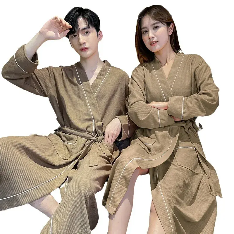 Spring Autumn Long Sleeve Checked Cotton Couple Robe Solid Color Women's Bathrobe 2024 New Style Hotel Style For Winter
