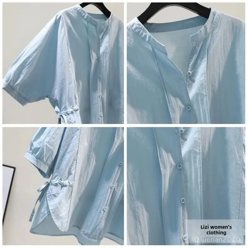 2024 Slimming Women's Cotton Shirt Short Sleeve Side Slot Fitted Tops Casual Style Thin Fabric Elbow Length Shirt