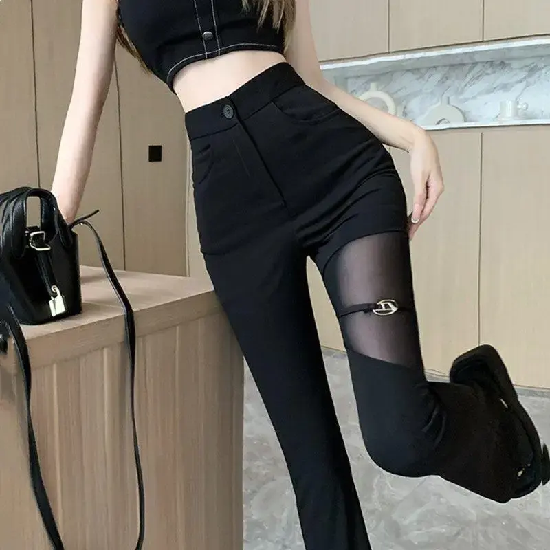 Black Mesh Splice Flared Pants Women's Casual High Waist Slimming Design Summer Hot Sale Of The Season Trendy Floor-Length Horse