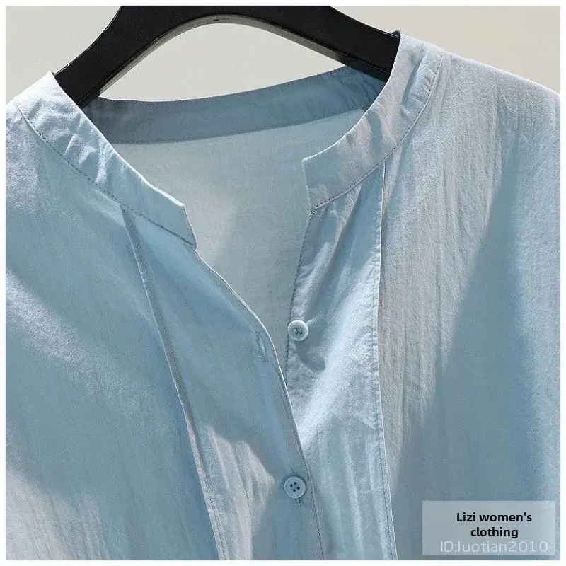 2024 Slimming Women's Cotton Shirt Short Sleeve Side Slot Fitted Tops Casual Style Thin Fabric Elbow Length Shirt