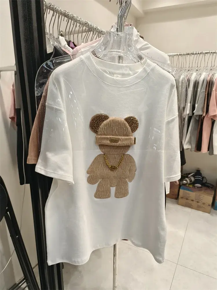 2023 New Spring Summer Cartoon Printing Round Neck Short Sleeve T-Shirt Women's Loose Fit Versatile Medium Length Student Top Tr
