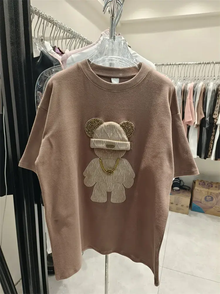2023 New Spring Summer Cartoon Printing Round Neck Short Sleeve T-Shirt Women's Loose Fit Versatile Medium Length Student Top Tr