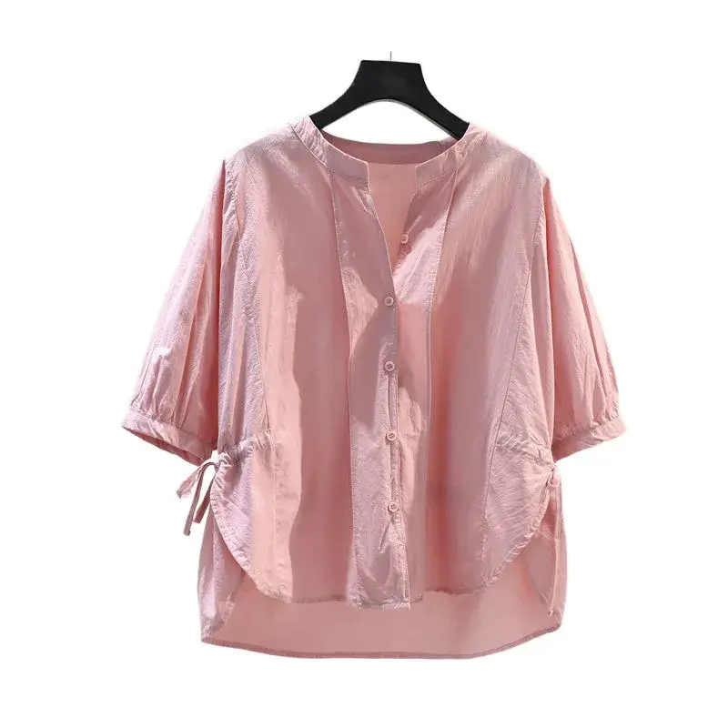 2024 Slimming Women's Cotton Shirt Short Sleeve Side Slot Fitted Tops Casual Style Thin Fabric Elbow Length Shirt