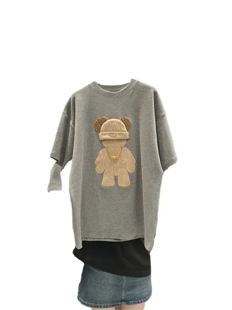 2023 New Spring Summer Cartoon Printing Round Neck Short Sleeve T-Shirt Women's Loose Fit Versatile Medium Length Student Top Tr
