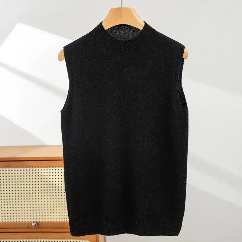 Spring Autumn Women's Sleeveless Knitted Half-High Collar Base Shirt Tank Top Inner Wear Knitted Upper Apparel