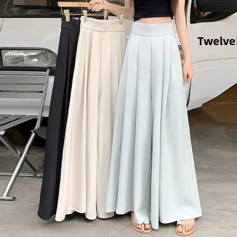 Plus Size High Waist Wide Leg Pants Skirt Thin Summer Casual Ultra Large Swing Waist Cinch Pleated Suit Pants Hanging Slimmin...