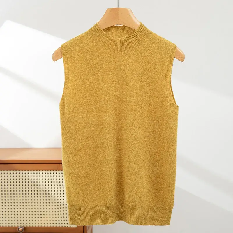 Spring Autumn Women's Sleeveless Knitted Half-High Collar Base Shirt Tank Top Inner Wear Knitted Upper Apparel