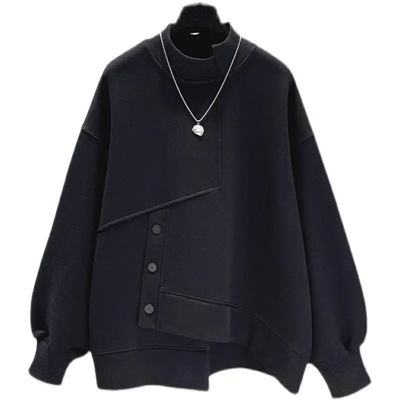 2023 Autumn New Round Neck Black White Thin Sweatshirt Women's Casual Loose-Fit Pullover Top Clothing from China Mainland