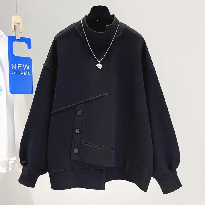 2023 Autumn New Round Neck Black White Thin Sweatshirt Women's Casual Loose-Fit Pullover Top Clothing from China Mainland