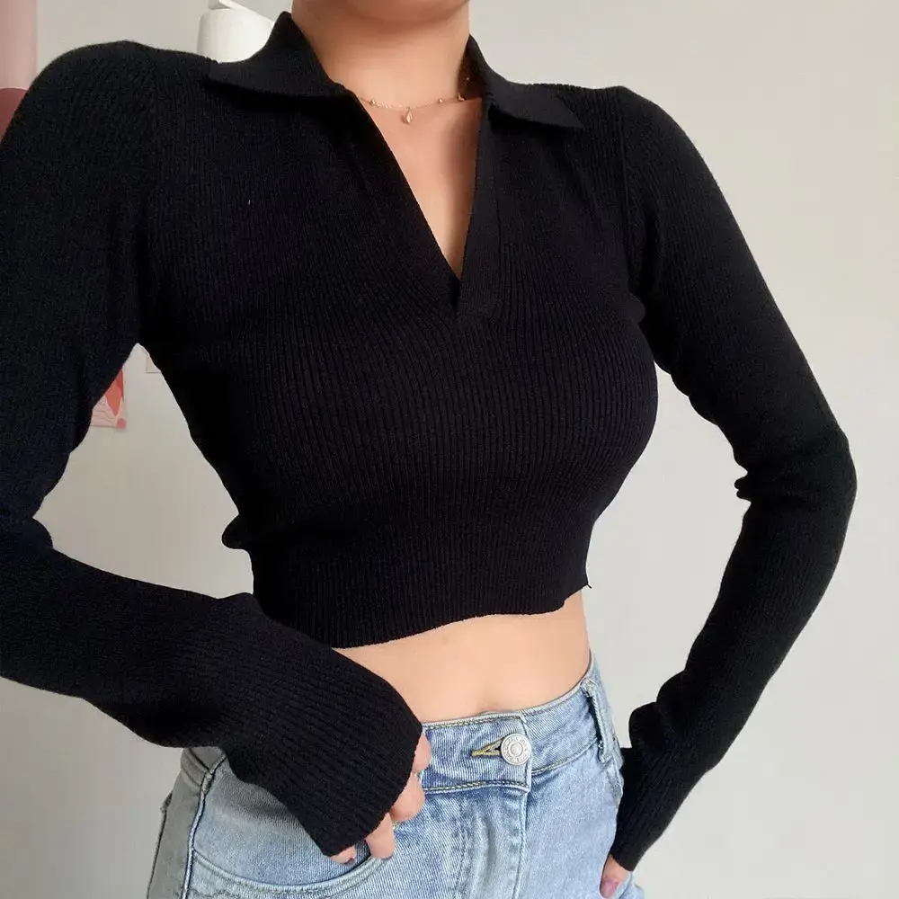 Sweet Short Sleeve Long T-Shirt Women's Style Base Layer Shirt Polo Collar Slim Fit Spicy Spring Summer New Arrival