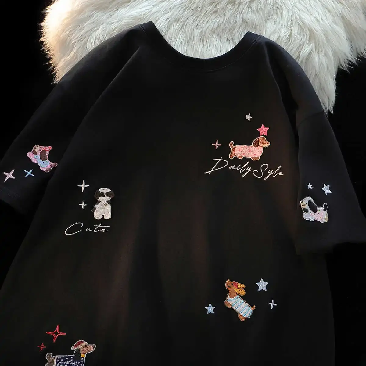 American Lazy Chic Embroidered Dog Short Sleeve Cotton T-Shirt Women Loose Summer Couples Half Sleeve Cute Top Crew Neck