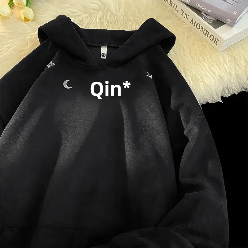 Black Vintage Hooded Long Sleeve Pullover Sweatshirt Casual Style Loose Fit Embroidery Decorated For Men And Women