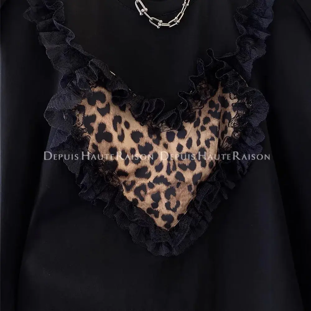 Loose Short Sleeve Women's T-shirt Leopard Print Lace Trim plus Size Spring Summer Early Season Comfortable Cotton Top