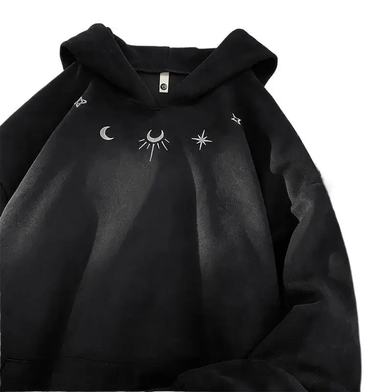 Black Vintage Hooded Long Sleeve Pullover Sweatshirt Casual Style Loose Fit Embroidery Decorated For Men And Women