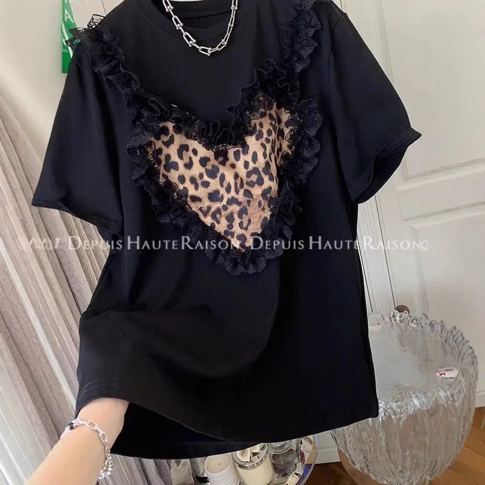 Loose Short Sleeve Women's T-shirt Leopard Print Lace Trim plus Size Spring Summer Early Season Comfortable Cotton Top