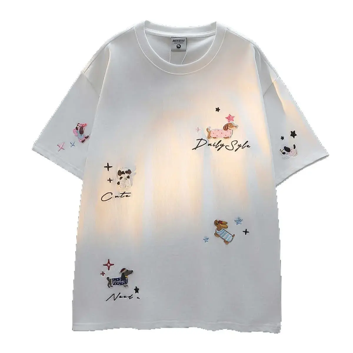 American Lazy Chic Embroidered Dog Short Sleeve Cotton T-Shirt Women Loose Summer Couples Half Sleeve Cute Top Crew Neck