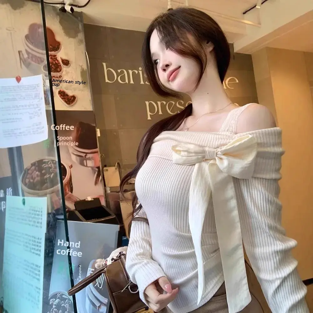 Spring Autumn New Butterfly Knot Shoulder Bared Long Sleeve T Shirt Women Outerwear Pure Desirable Beautiful Sister Top