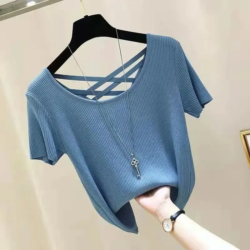 Slim Fit Ice Silk Backless Short Sleeve Women's T-Shirt Knitted Top Transparent Base Shirt Spring Summer New Arrival