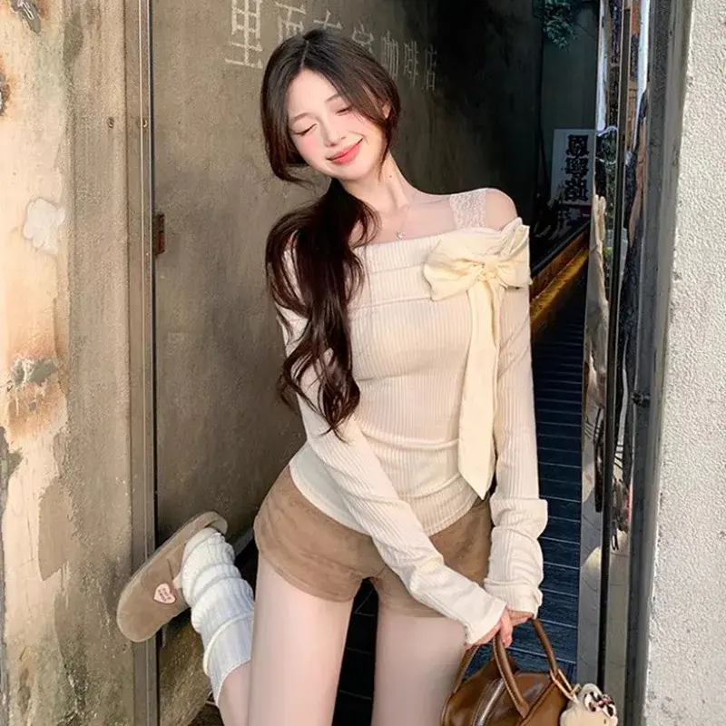 Spring Autumn New Butterfly Knot Shoulder Bared Long Sleeve T Shirt Women Outerwear Pure Desirable Beautiful Sister Top