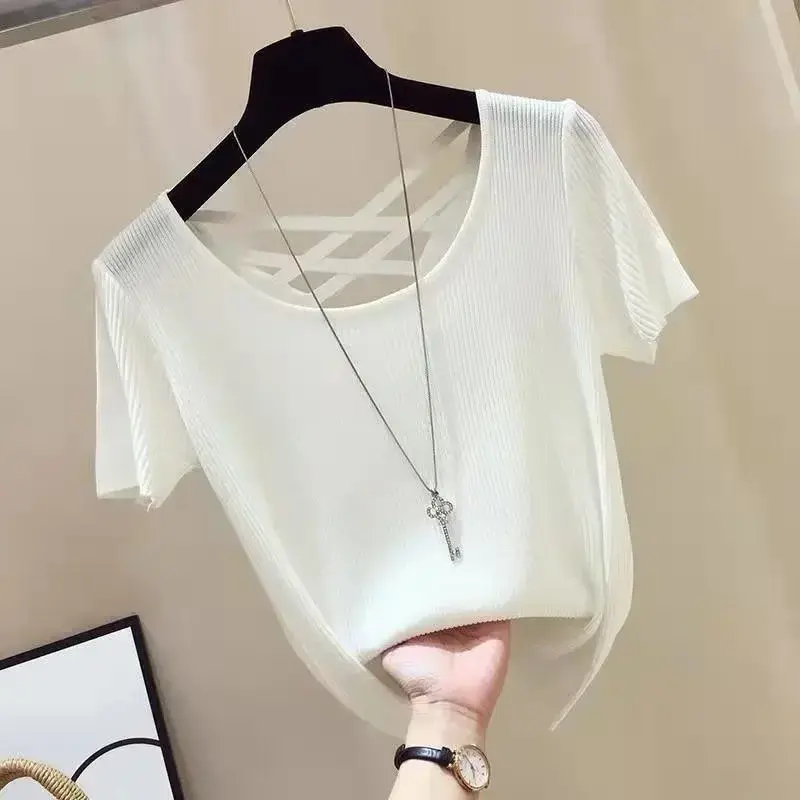 Slim Fit Ice Silk Backless Short Sleeve Women's T-Shirt Knitted Top Transparent Base Shirt Spring Summer New Arrival