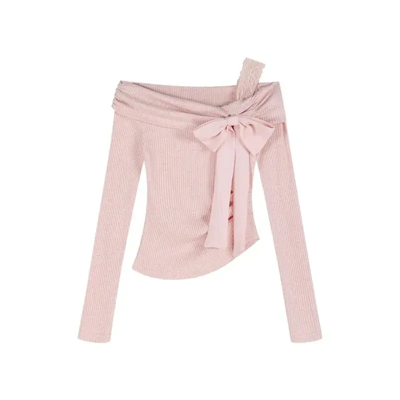 Spring Autumn New Butterfly Knot Shoulder Bared Long Sleeve T Shirt Women Outerwear Pure Desirable Beautiful Sister Top