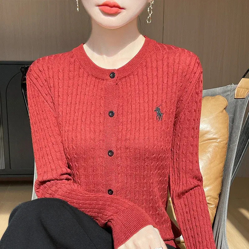 Women's Knitted round Neck Sweater Cardigan Embroidered Slim Fit Versatile Autumn New Style Spring Fall Seasonal Open-Shirt