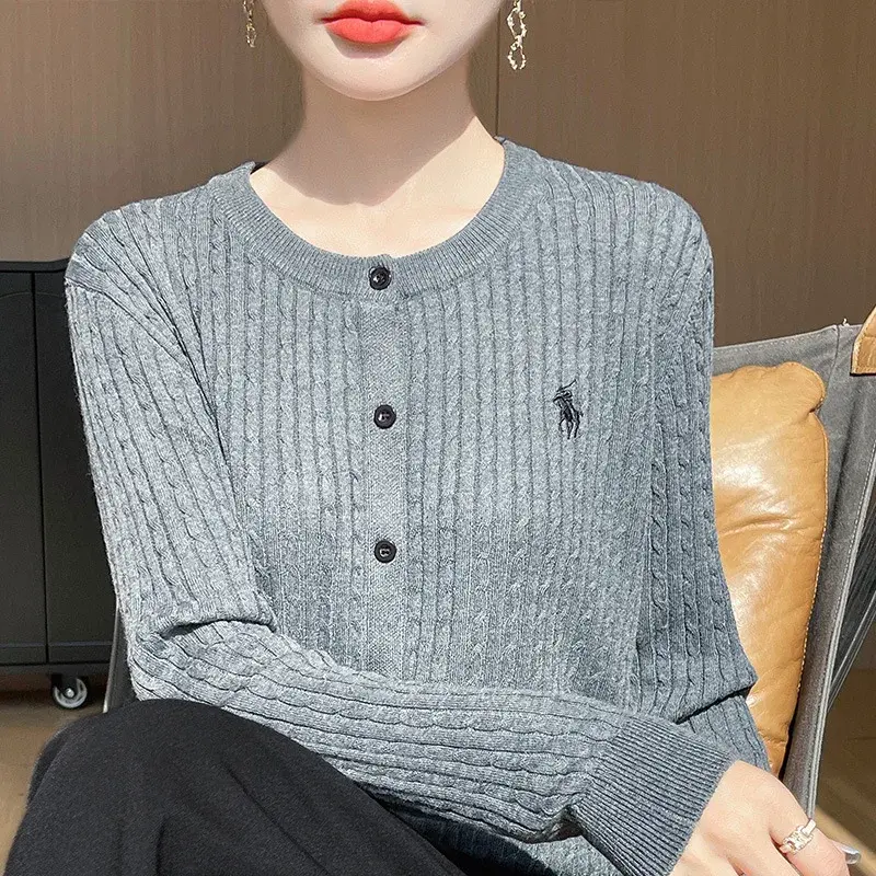 Women's Knitted round Neck Sweater Cardigan Embroidered Slim Fit Versatile Autumn New Style Spring Fall Seasonal Open-Shirt
