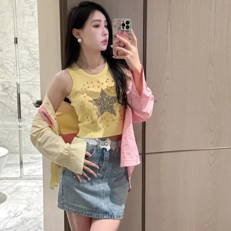 Exquisite Diamond Embroidered Five-Pointed Star Vest Women's Base Layer Top Petal Sleeveless Flip Collar Fashion Design