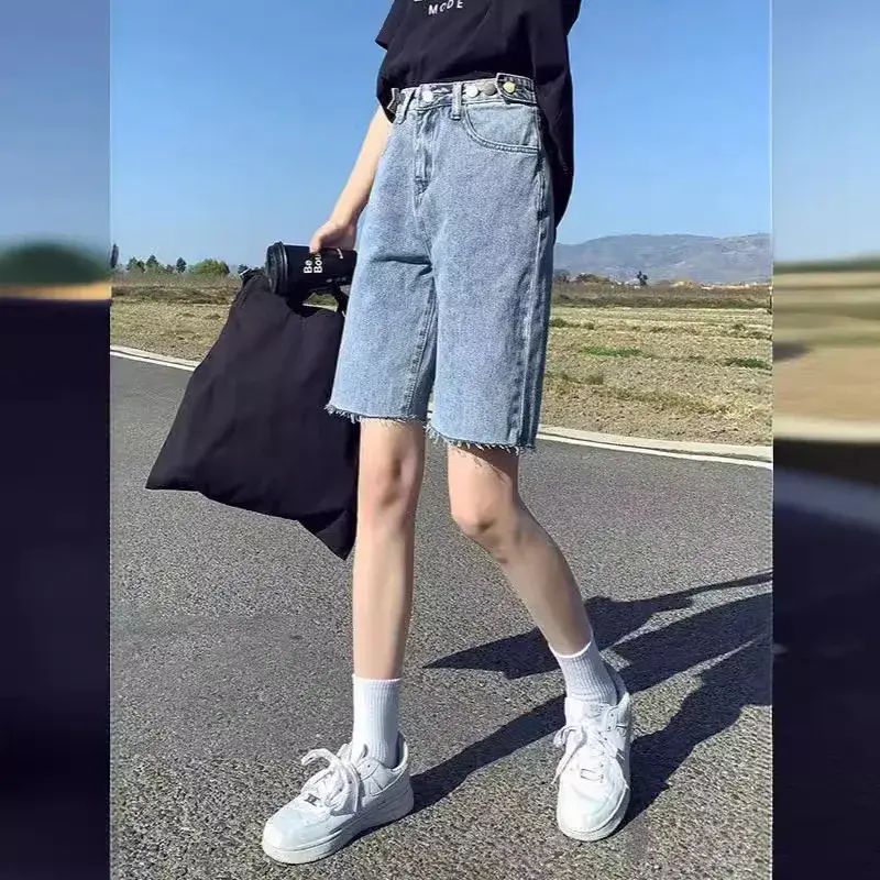 High-Waisted Slimming Denim Shorts 2024 Summer Thin Fringe Straight-Leg Bell Bottoms Trendy Women's Cotton Pants