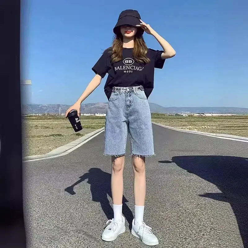 High-Waisted Slimming Denim Shorts 2024 Summer Thin Fringe Straight-Leg Bell Bottoms Trendy Women's Cotton Pants