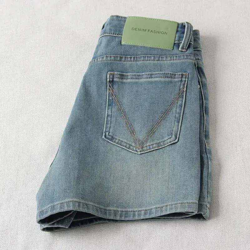 Retro Blue Denim Short Pants Women Summer New Large Size Loose Slim A- Line Wide Leg Hot Pants Pear Body Shape Cotton Blend