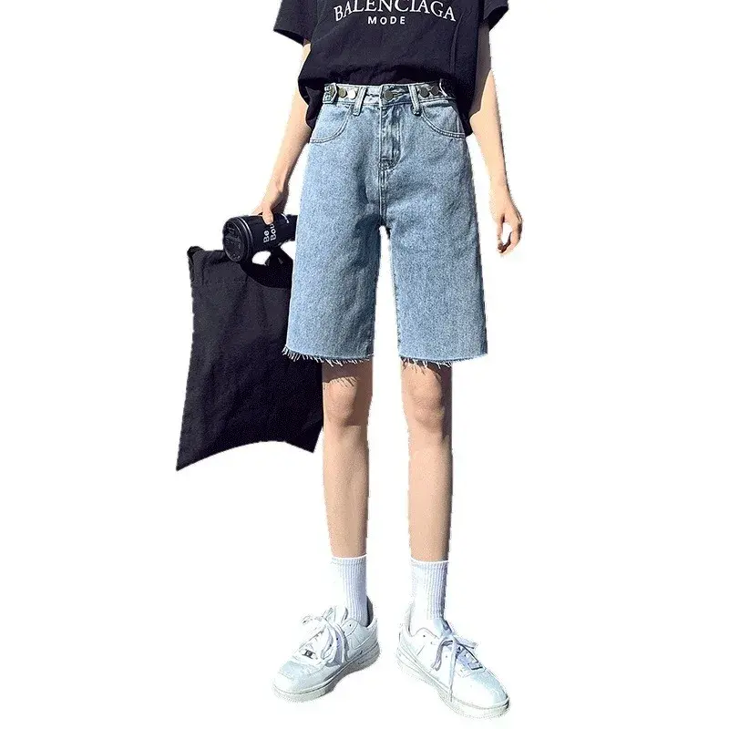 High-Waisted Slimming Denim Shorts 2024 Summer Thin Fringe Straight-Leg Bell Bottoms Trendy Women's Cotton Pants