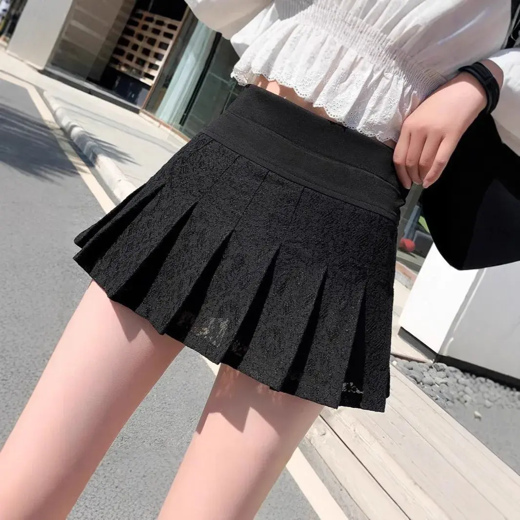 Fashionable Lace Splice Pleated Short Skirt Women's Summer New High Waist Slimming Anti-Light A- Line Flounce Half Skirt