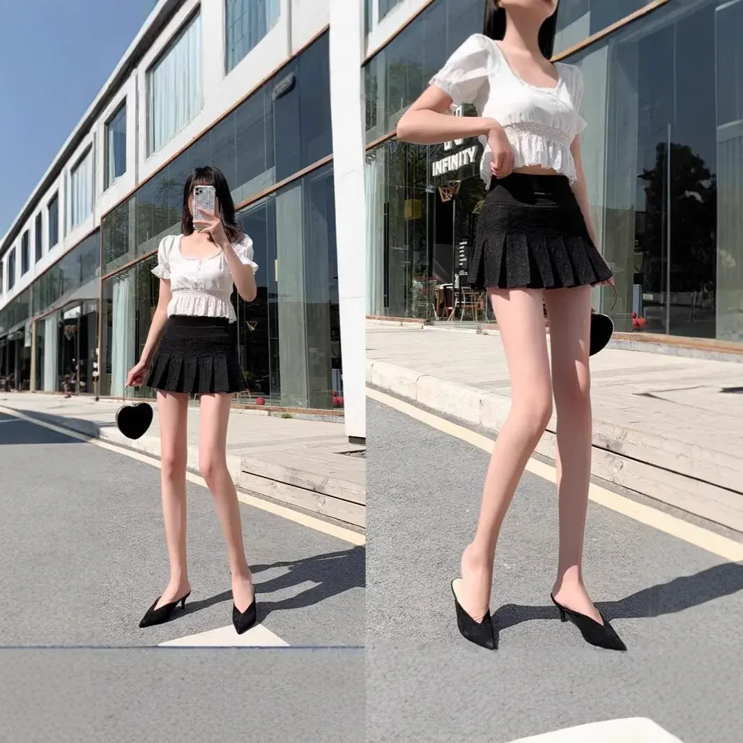 Fashionable Lace Splice Pleated Short Skirt Women's Summer New High Waist Slimming Anti-Light A- Line Flounce Half Skirt