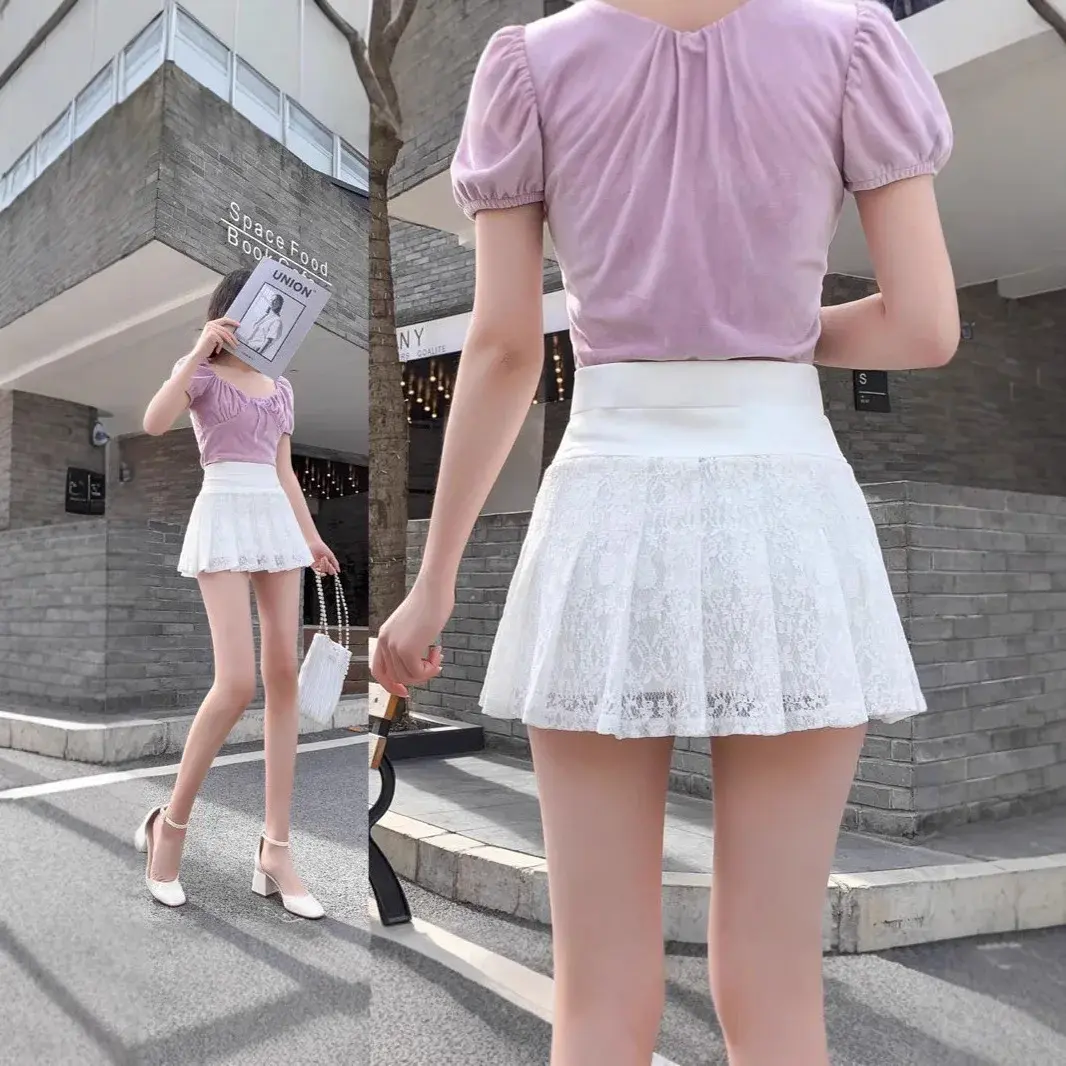 Fashionable Lace Splice Pleated Short Skirt Women's Summer New High Waist Slimming Anti-Light A- Line Flounce Half Skirt