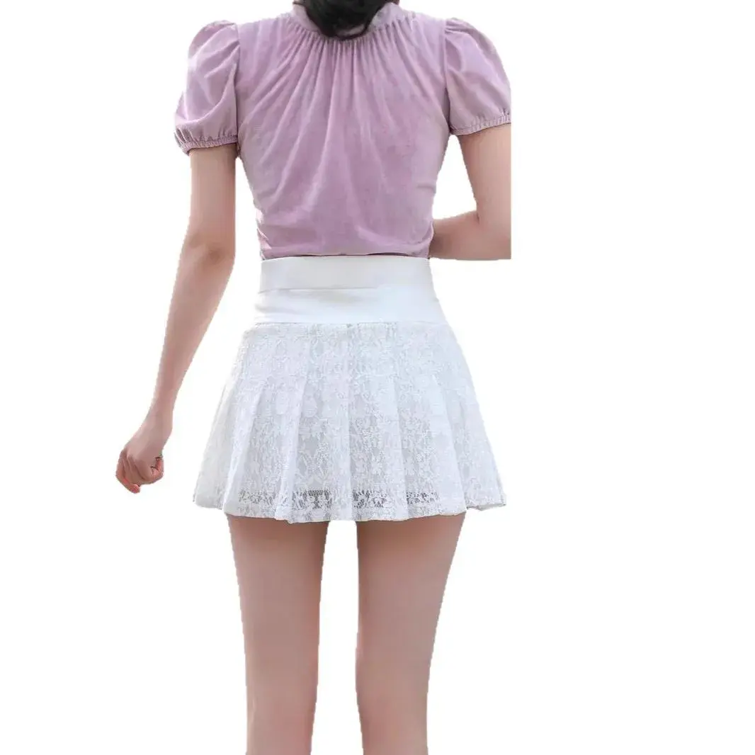 Fashionable Lace Splice Pleated Short Skirt Women's Summer New High Waist Slimming Anti-Light A- Line Flounce Half Skirt