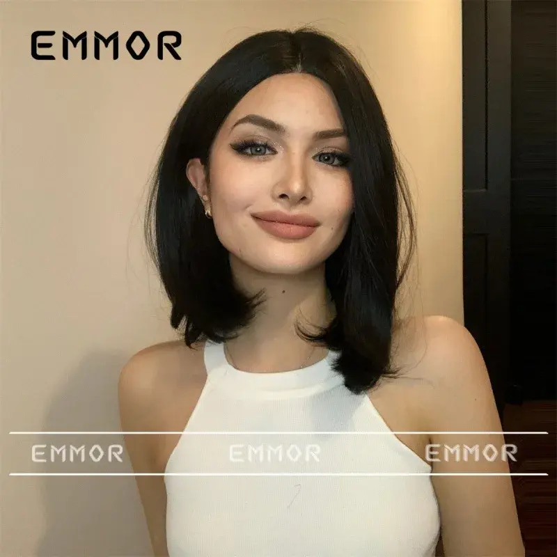 Fashionable European Style Black Short Hair Wig Women's Mid Part Natural Top Short Straight Synthetic Lace Wig Full Coverage