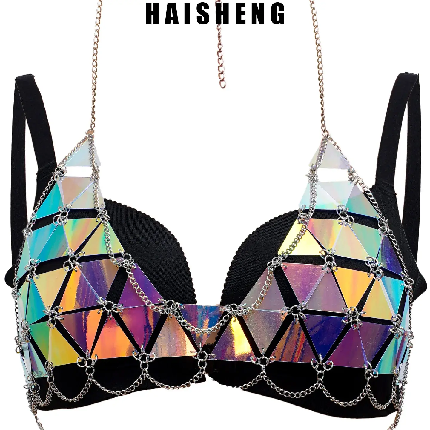 TME Sexy Acrylic Sequin Triangle Patch Hollow out Top Women's Fashion Dance Party Acrylic Blend Vest China Made