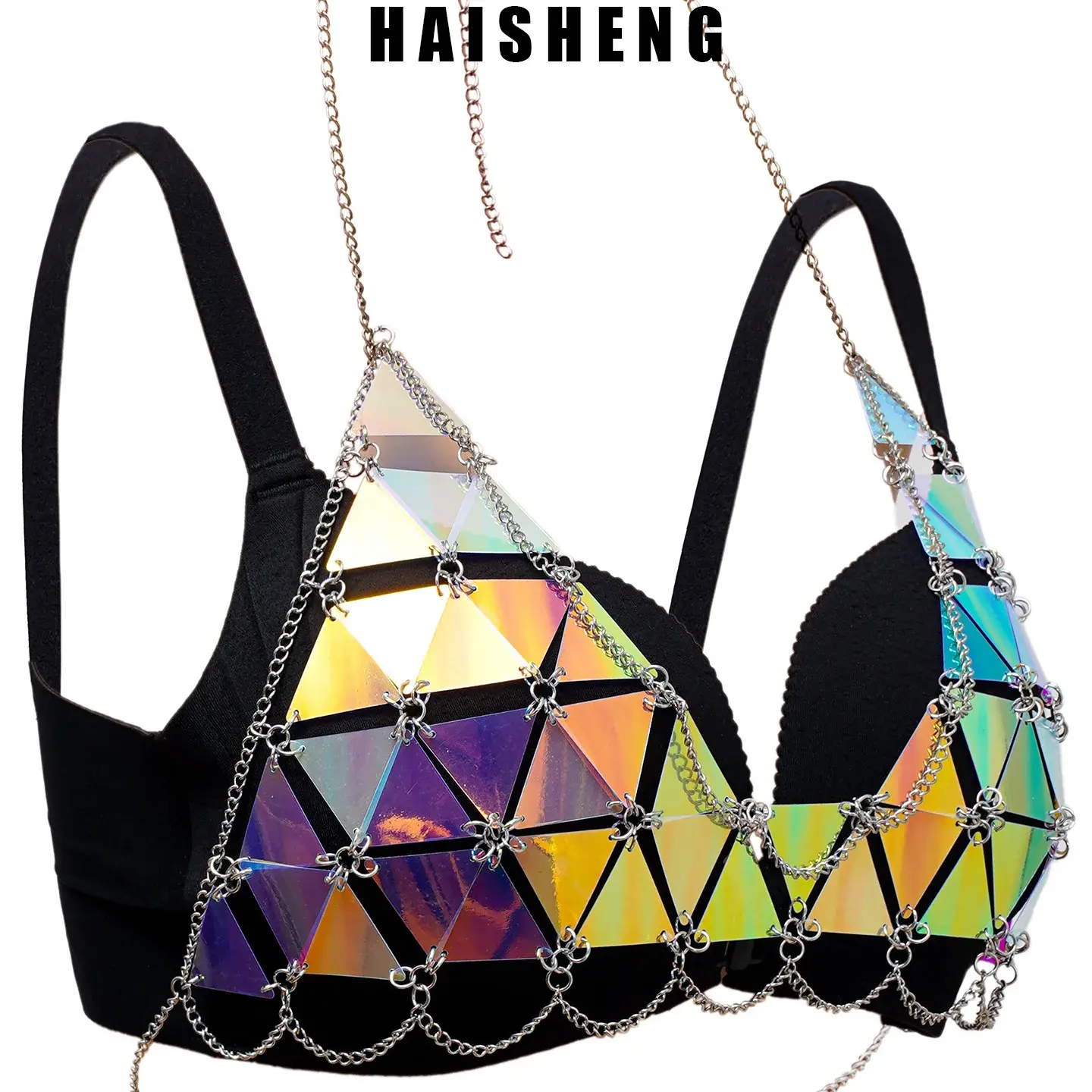 TME Sexy Acrylic Sequin Triangle Patch Hollow out Top Women's Fashion Dance Party Acrylic Blend Vest China Made