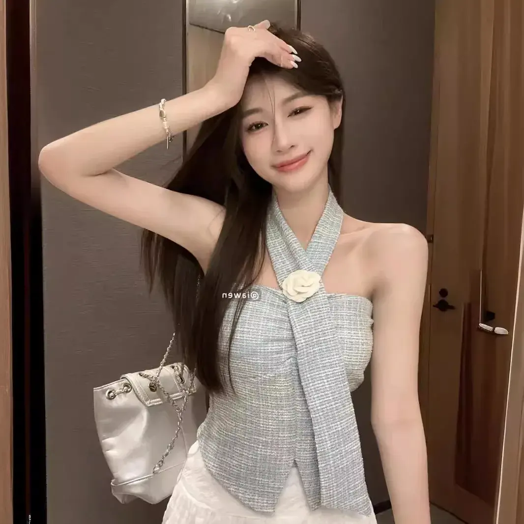 Tweed Style 3D Floral Halter Neck Knitted Tank Top Women's Summer New Style Spicy Girl Slims Smooths Your Silhouette Cropped No
