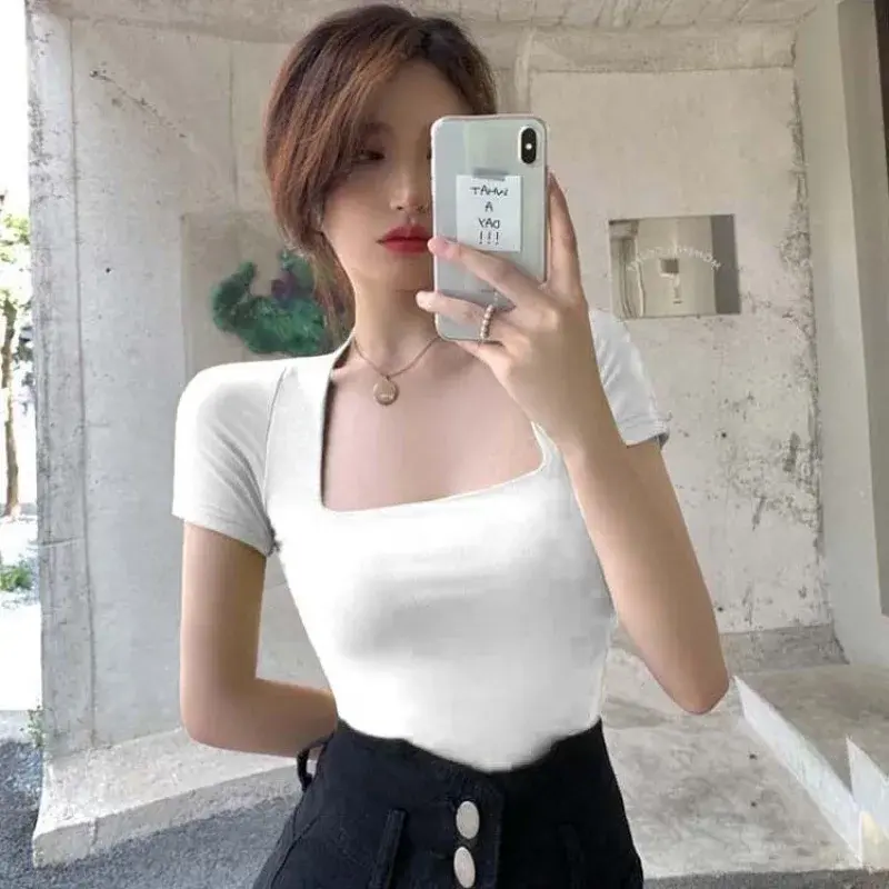 Klain Blue Square Collar Short Sleeves T-Shirt Women's Summer Tight Fit Large Neckline Off The Shoulder French Vintage Sexy Half