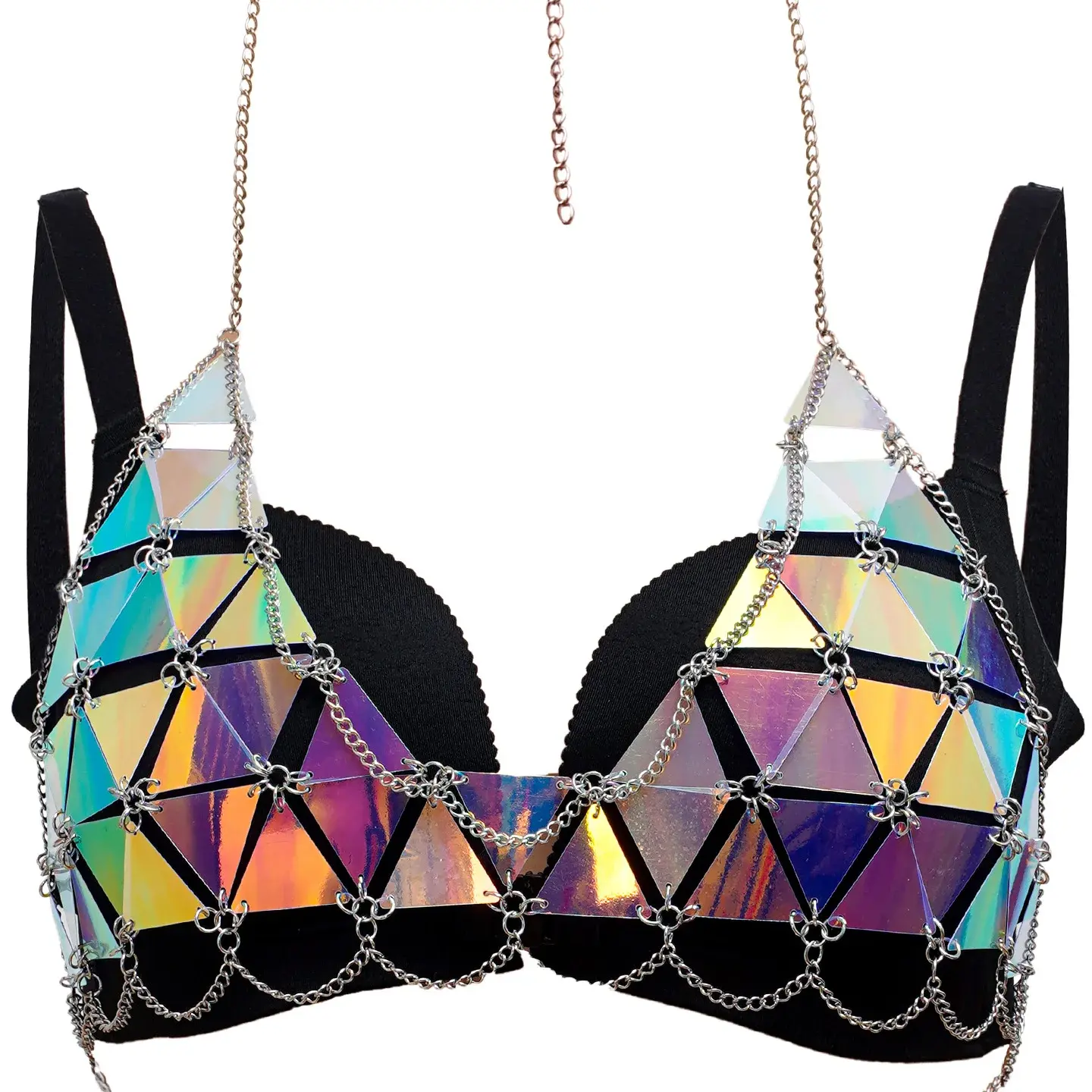 TME Sexy Acrylic Sequin Triangle Patch Hollow out Top Women's Fashion Dance Party Acrylic Blend Vest China Made